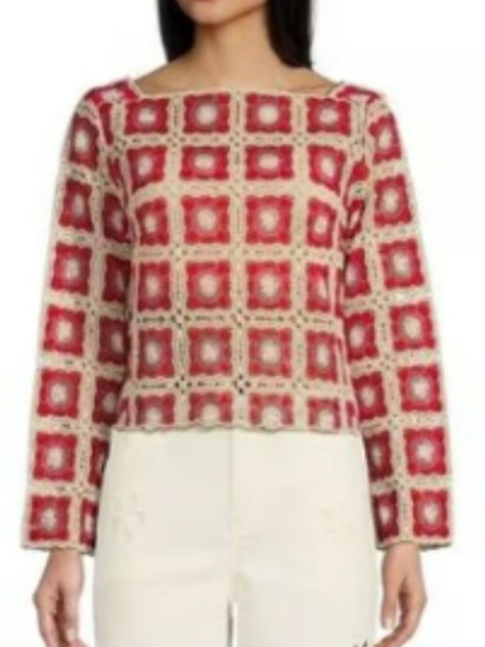 Chelsea & Violet Bonnie Granny Square Crochet Long-Sleeve Crop Top – Red, Pink &